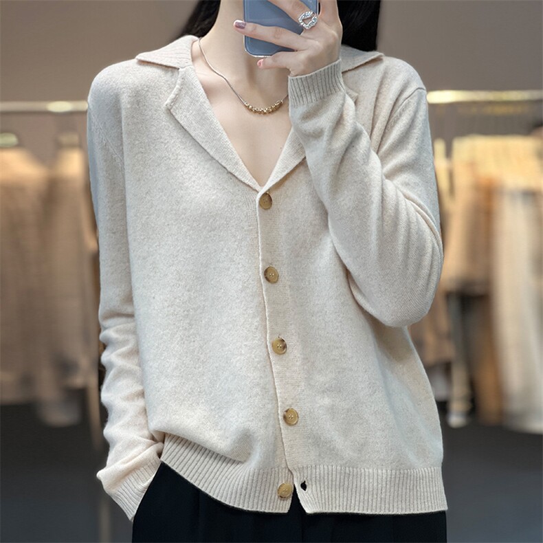 25秋冬新款纯羊毛宽松西服领开衫毛衣外套女显瘦百搭针织羊绒上衣图片