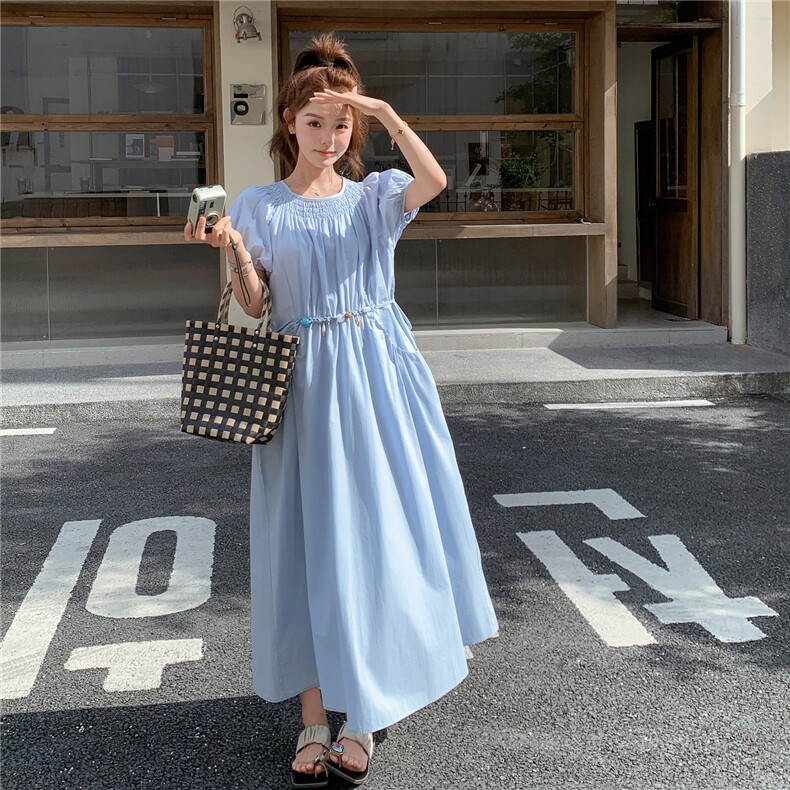 淡蓝色简单大方法式连衣裙2025新款女夏温柔风小个子收腰A字长裙,女装连衣裙,2C159