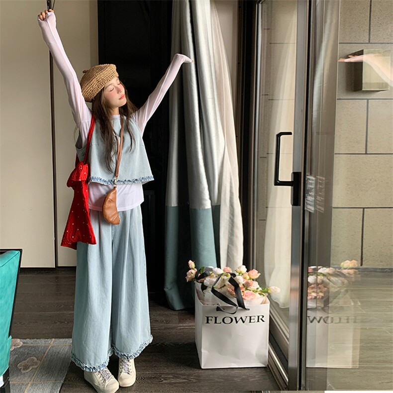 浅蓝色复古木耳边牛仔马甲套装女2025春季新款小个子阔腿裤三件套图片