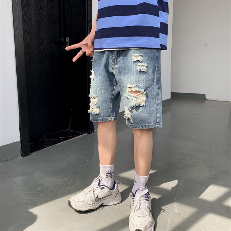 男士牛仔短裤夏季宽松潮流五分裤破洞直筒中裤薄款马裤5104,男装牛仔裤,电商A318