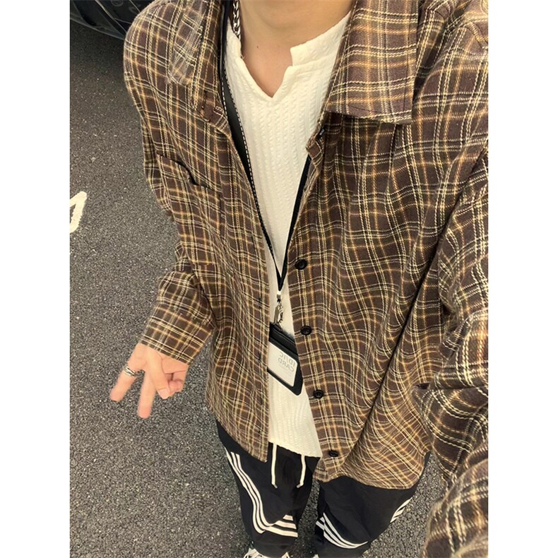 格子纹高级感复古衬衫美式设计感休闲长袖衬衫C2267-特价P32图片