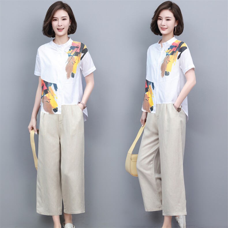 (新品)2024年夏季麻棉两件套女印花T恤阔腿裤中老年妈三年不下架，女装套装/套裙，璐依舞