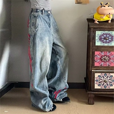 红色三条杠牛仔裤男美式直筒休闲宽松阔腿裤潮牌做旧痞帅高街长裤，男装牛仔裤，四季星座505
