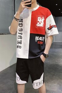 夏季青少年韩版休闲百搭T恤宽松运动套装男F155P55图片