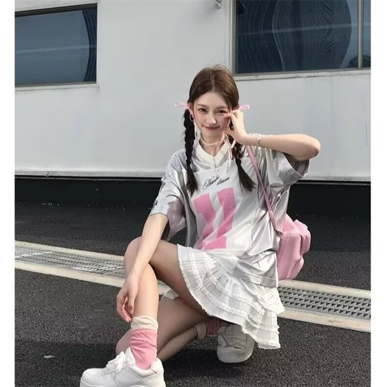 美式高街t恤男女夏季银色网纱拼接字母球衣缎面V领上衣潮STX400,男装T恤,星座208-5