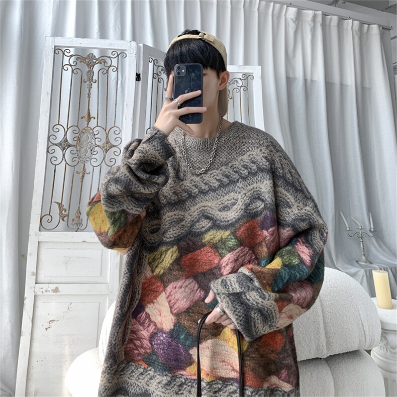 休闲毛衣男生秋季童趣印花设计长袖上衣校园风复古宽松大码针织衫图片