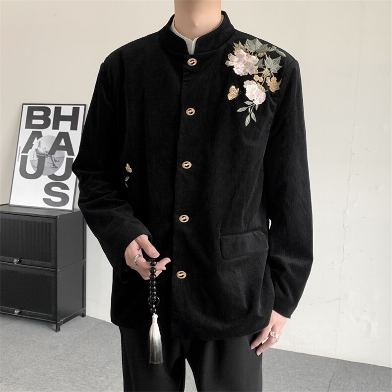 春秋新中式立领黑色牡丹蝴蝶刺绣金属扣西服男女同款休闲外套,男装西服,星座909