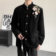 春秋新中式立领黑色牡丹蝴蝶刺绣金属扣西服男女同款休闲外套，男装西服，星座909