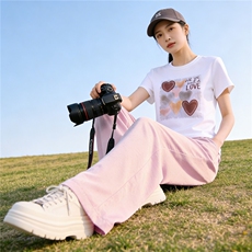 港风休闲运动套装女夏季新款爱心白色圆领短袖T恤粉色长裤两件套，女装套装/套裙，江南