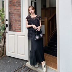 黑色辣妹性感蕾丝镂空罩衫两件套连衣裙夏新款别致显身材吊带长裙，女装套装/套裙，2C211