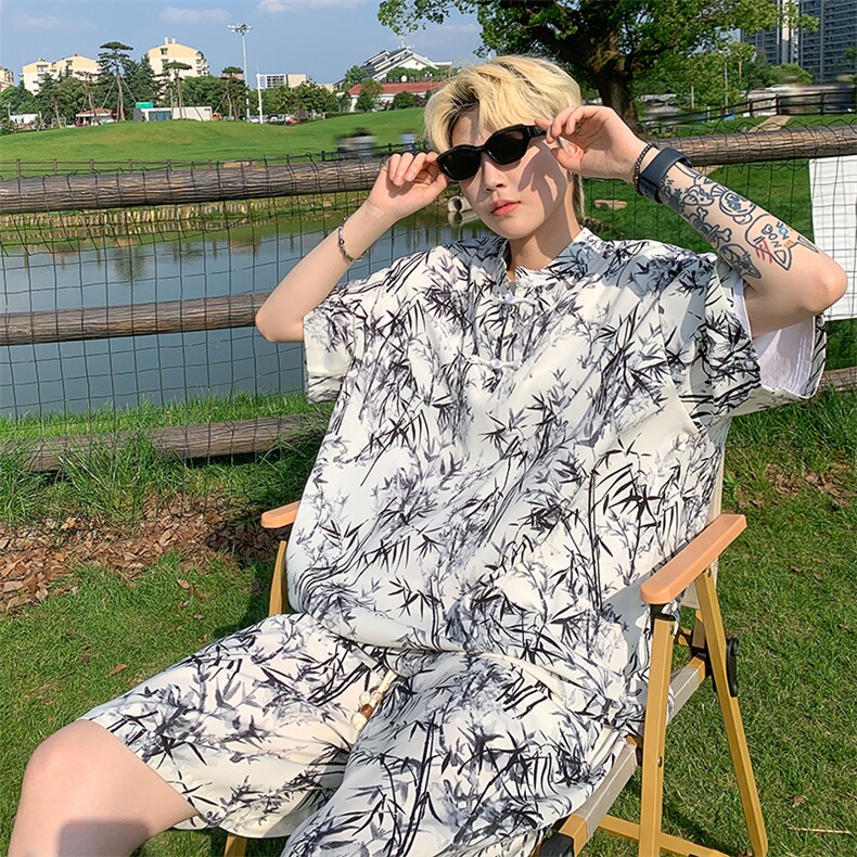量大优供视频新风竹叶印花冰丝短袖短裤套装男TZ2403-特P50，男装休闲套装，电商A028