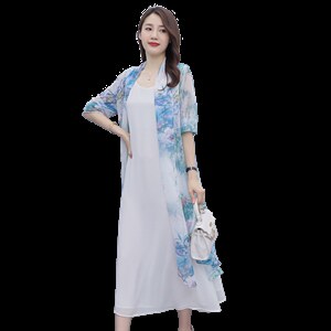 连衣裙披肩两件套夏季新款印花无袖裙外搭披肩雪纺衫图片