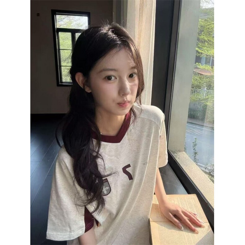 H0834-P35好质量原版做法螺纹领+包边拉肩休闲短袖T恤,女装T恤,星座617A-2