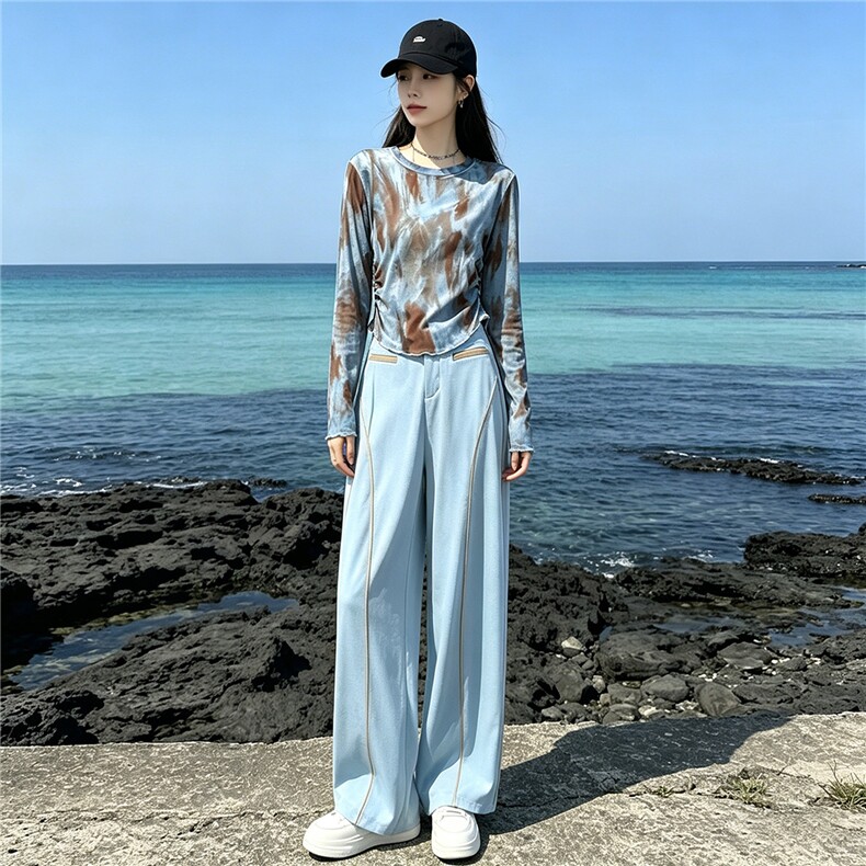 女夏季新款时尚减龄套装圆领晕染网纱印花长袖上衣阔腿长裤两件套,女装套装/套裙,江南