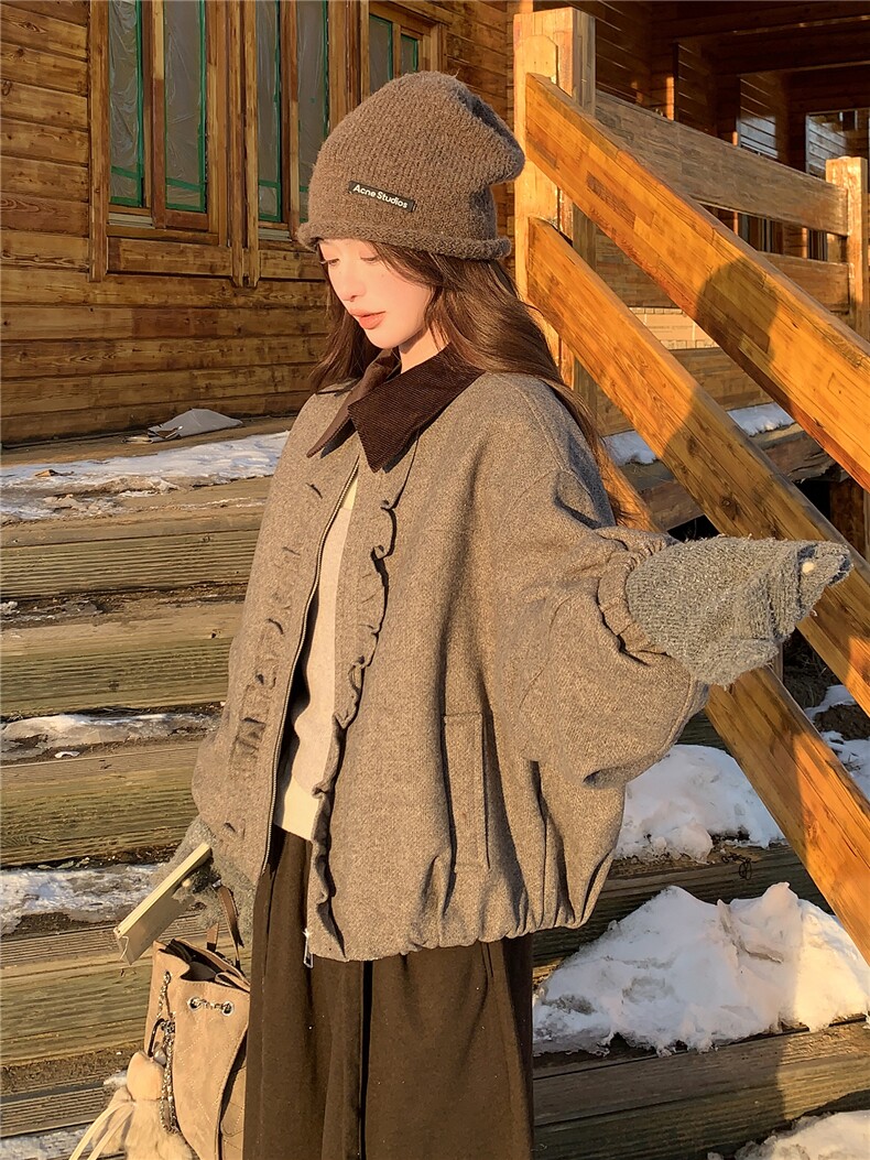 撞色翻领木耳边羊毛呢外套女冬季夹棉保暖呢子夹克女,女装棉衣/棉服,衣秀之家