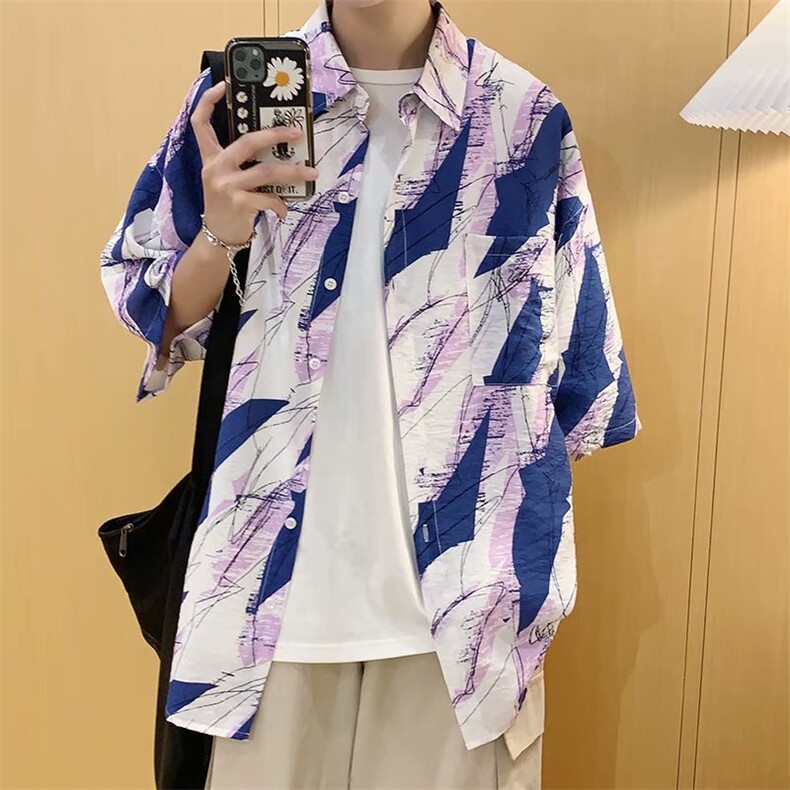 夏季男士潮牌短袖衬衫男宽松休闲半袖寸衫韩版潮流五分袖衬衣外套,男装T恤,星座1210-1