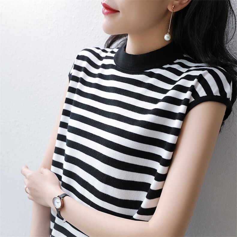 条纹短袖T恤女2022新夏季纯棉宽松短款针织半袖半高圆领棉麻上衣,针织衫/毛衣,玛莎羊绒