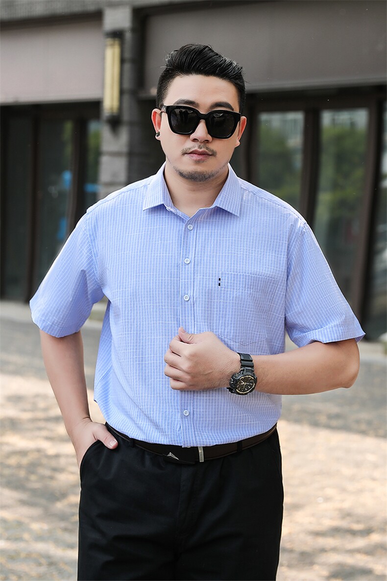 新款条纹格子短袖衬衫男士加肥加大码宽松夏装男薄衬衣潮1409,男装衬衫,星座802