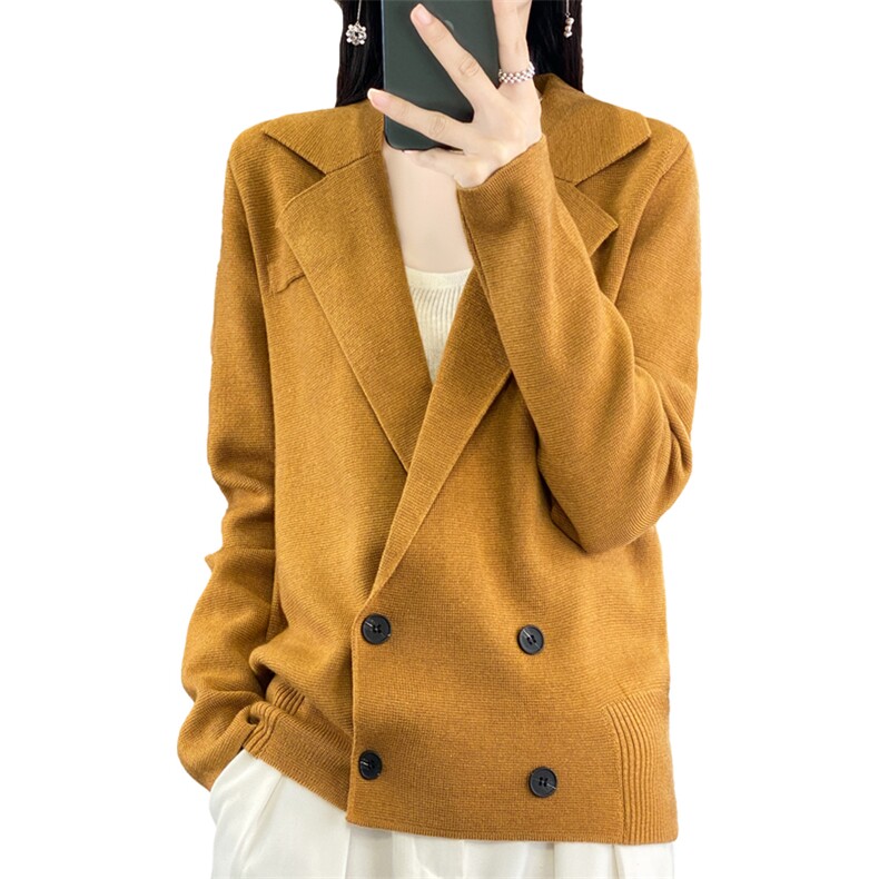 2025年春季双排扣翻领长袖纯色气质百搭针织衫,女装羊毛衫,朝贺羊绒