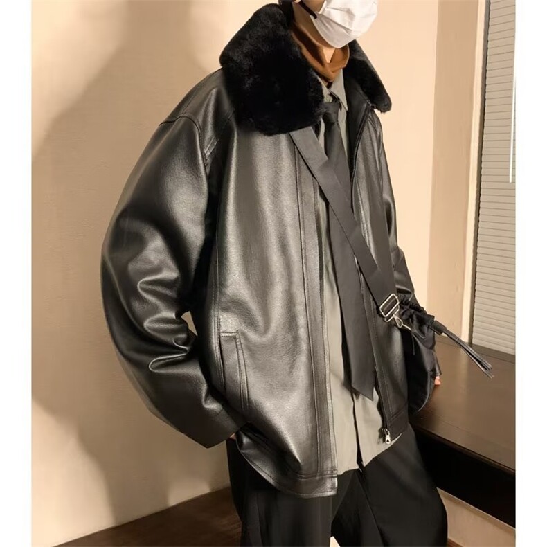 冬季潮皮衣男翻领潮流纯色新款休闲加绒毛领皮衣JK10P80,男装夹克,星座1116-2