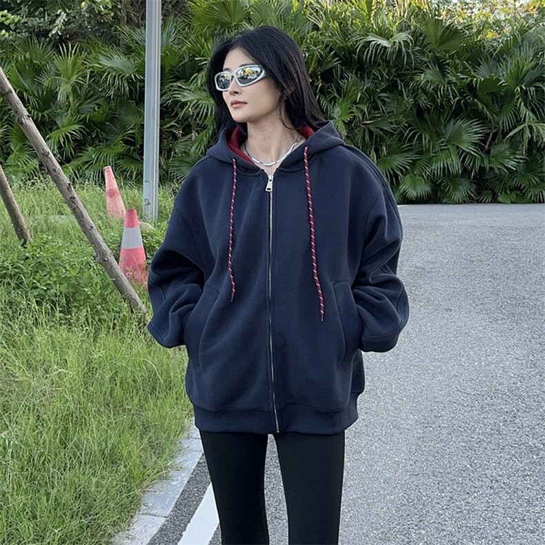 抖音得物二开美式高街重磅结构双层撞色连帽卫衣开衫外套W116，女装短外套，电商A486-1