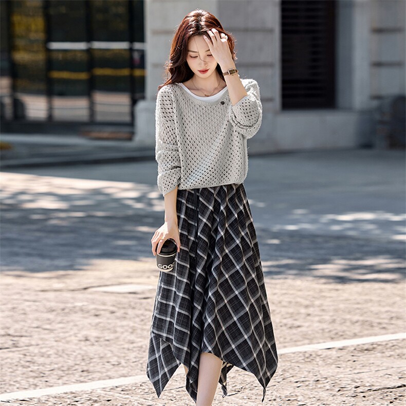 套装女2025秋季新款时尚气质镂空圆领长袖上衣半身裙两件套,女装套装/套裙,天丝秀