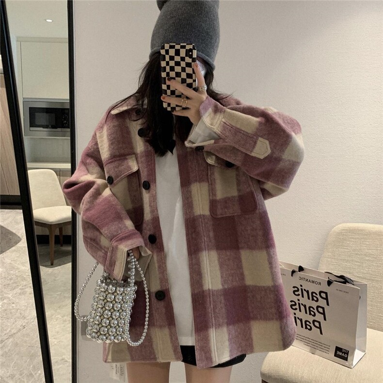 衬衫式毛呢格子外套，女装衬衫，XTZ style