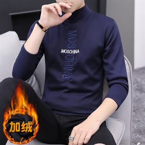 冬季半高领刺绣卫衣男t恤男休闲加绒加厚保暖打底长袖藏青320P20图片