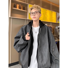 1506-1/Q76380/P76美式假两件连帽夹克男冬季潮大码PU皮外套高街，男装夹克，星座1506