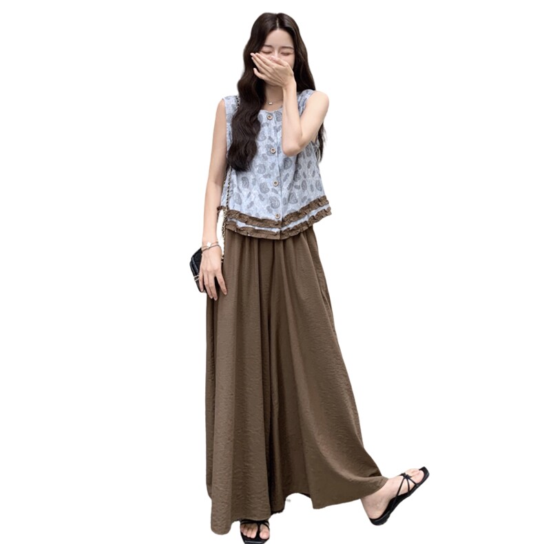 松弛慵懒风木耳边印花上衣两件套2025夏季日系简约复古阔腿裤套装,女装套装/套裙,2C258