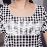 时尚格子短袖T恤女夏季新款宽松显瘦蕾丝拼接上衣百搭休闲女装，女装T恤，深水步