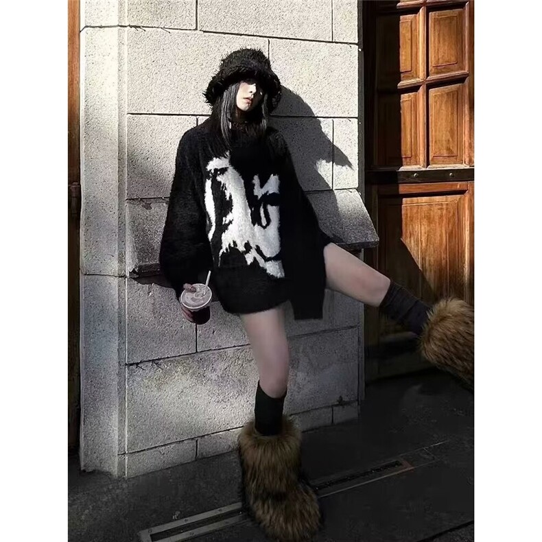韩chic秋季复古圆领字母印花撞色宽松马海毛长袖套头针织毛衣女,男装针织衫/毛衣,星座506A