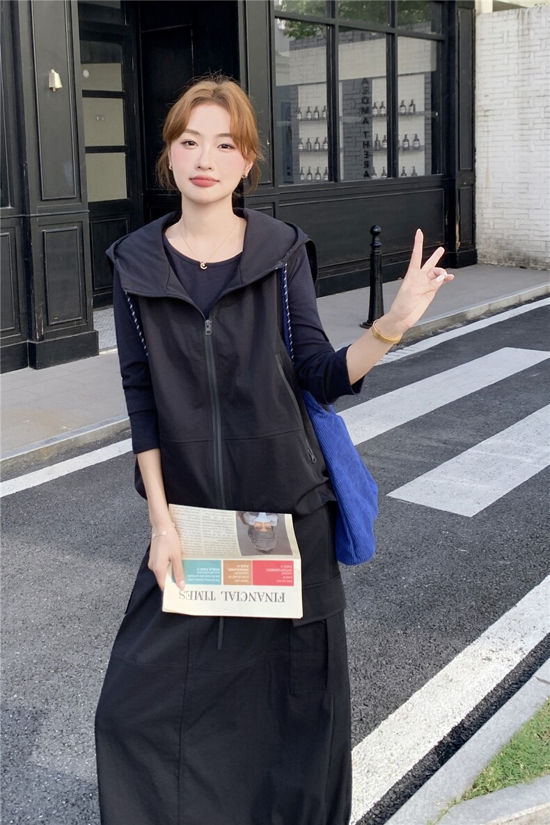 黑色休闲打底衫工装马甲套装女秋季2025新款休闲显瘦半身裙三件套,女装套装/套裙,2C028