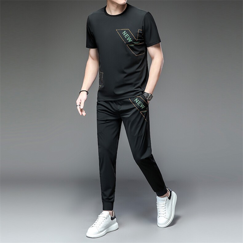 男装冰丝男爸爸中老年人夏装套装时尚冰丝短袖T恤男40-50岁爸爸,男装休闲套装,电商B212（原钱塘6029）