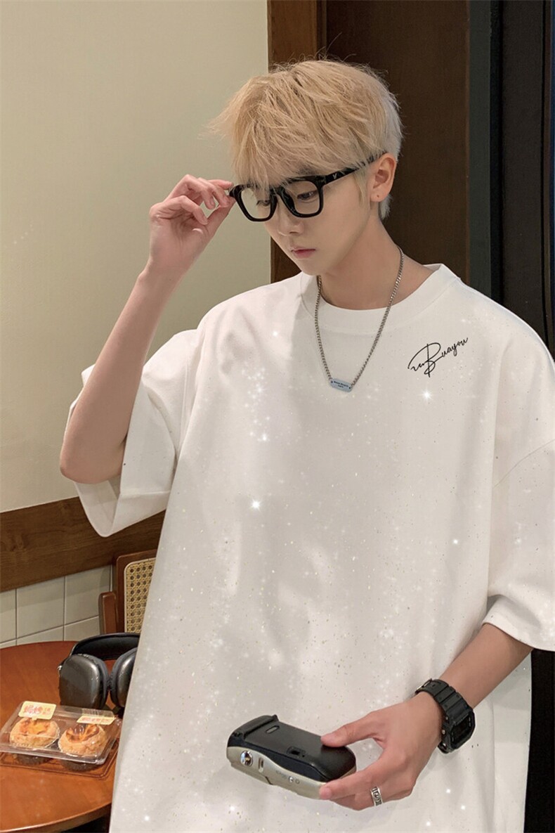 2025夏季新款高品质满天星亮片短袖小手写英文印花MT9161-P30控48,男装T恤,星座508（原C305）
