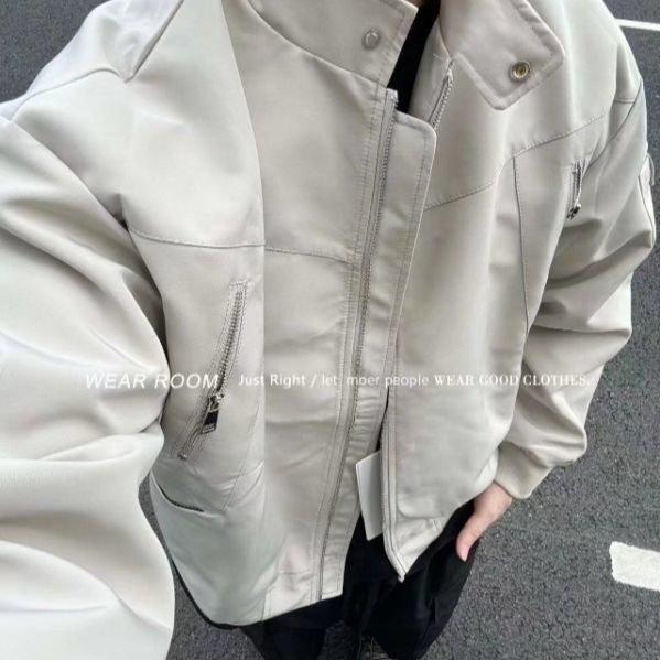 745-P54 高街美式PU皮垫肩夹克男2025年早秋新款韩版简约百搭图片
