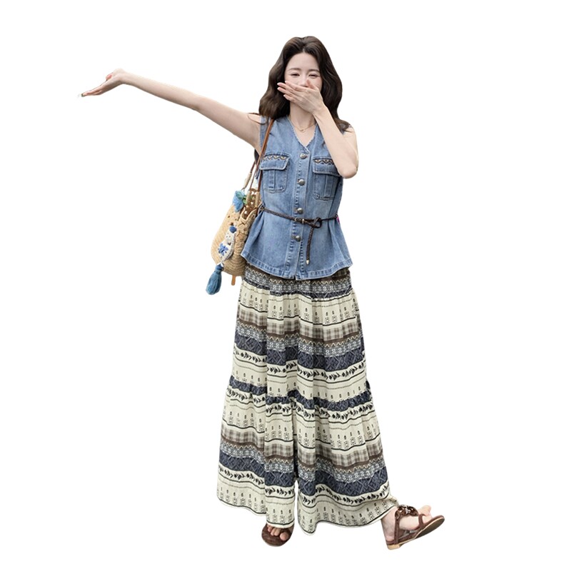 2026夏季显瘦气质牛仔马甲印花半身裙套装裙超好看穿搭一整套,女装套装/套裙,冬木谷雨