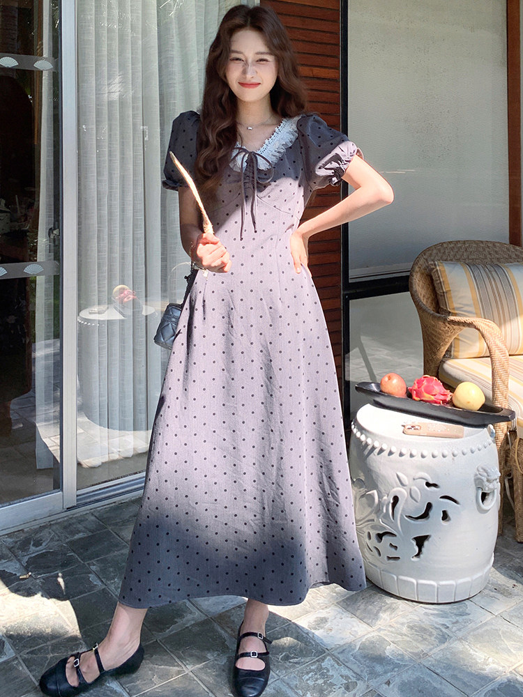灰色波点泡泡袖连衣裙女2025夏季新款甜辣风设计感收腰显瘦长裙潮,女装连衣裙,浙宝305