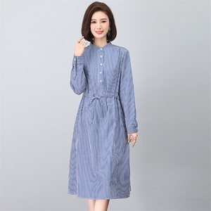棉麻连衣裙素素原创女装条纹中年短袖2020夏季妈妈时尚洋气裙图片