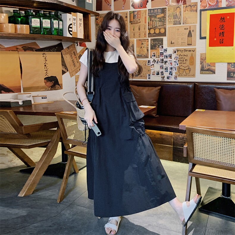 韩版休闲短袖黑色连衣裙套装女夏季2025新款宽松减龄吊带裙两件套，女装连衣裙，浙宝220