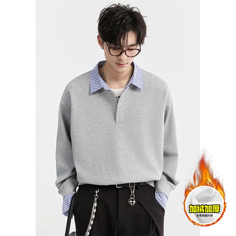 重磅加绒硬挺boxy男女美式高街假两件衬衫领长袖卫衣POLO领打底衫，男装T恤，电商A486-1