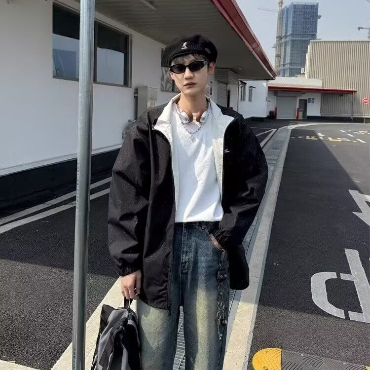 港风秋款男两面穿夹克满天星字母印花外套JK0038P60,男装夹克,星座1013-1