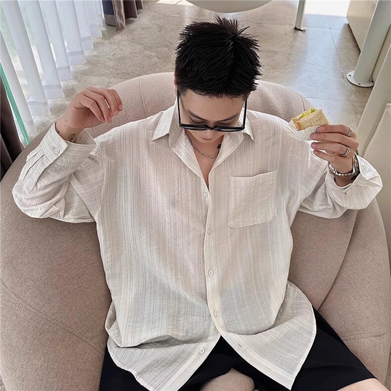 高级感条纹防晒衬衫男长袖夏季薄款韩版休闲宽松垂坠感衬衫外套潮,男装防晒衣,星座506A