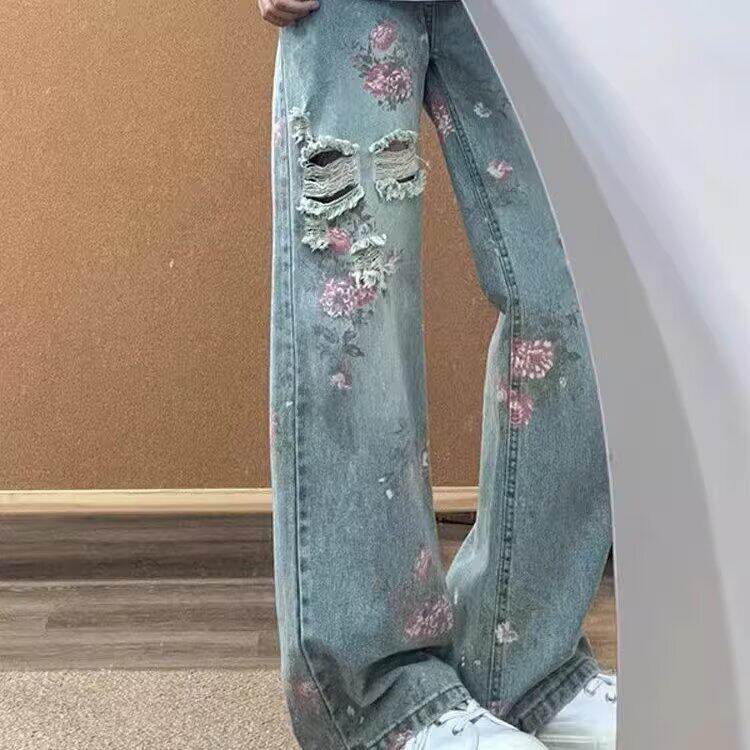 玫瑰花卉破洞牛仔裤男女夏季新款痞帅炸街宽松微喇裤AM8025P47,男装牛仔裤,星座1013-1