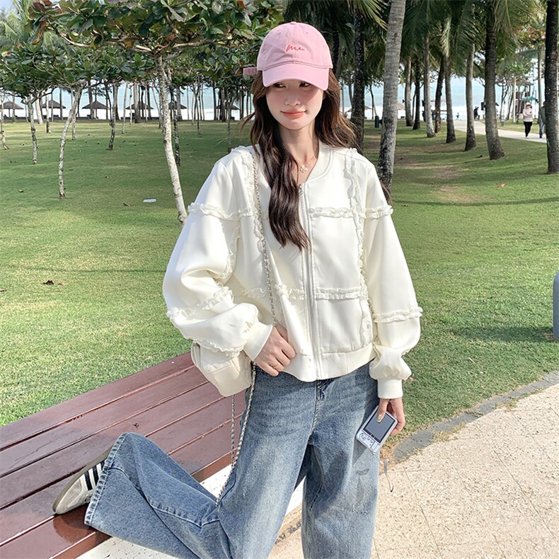 米白色设计感木耳边拼接棒球服女2025早春新款小个子休闲减龄外套,女装短外套,2C166