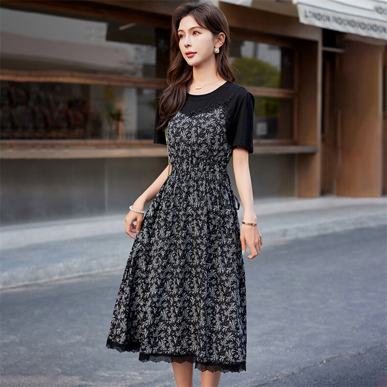碎花连衣裙女夏季大码胖mm收腰长裙2024年新款胖mm遮肚假两件裙子,女装连衣裙,浙宝029