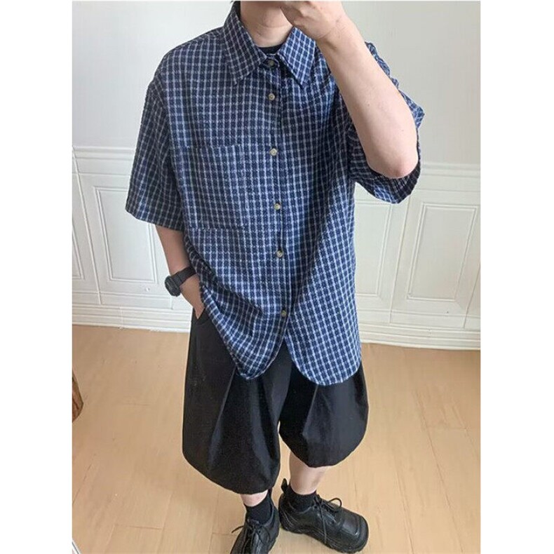 夏季青少年格子短袖衬衫男女生2025复古百搭宽松休闲衬衣C153,男装T恤,星座1116A（原606A-3）