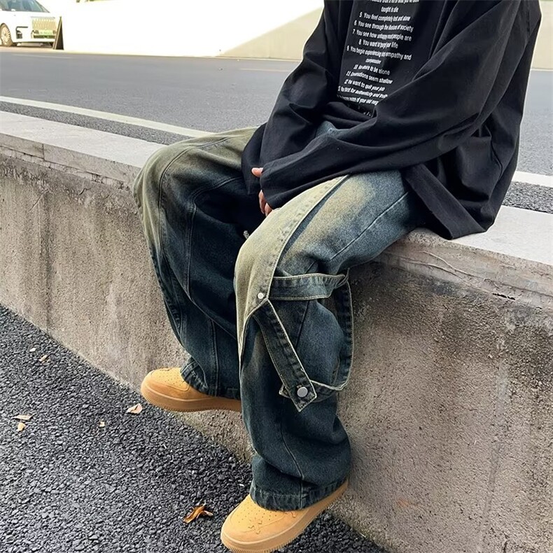 美式复古重工做旧水洗牛仔裤拼接设计感高街直筒阔腿裤子-KZ883,男装牛仔裤,星座601-2