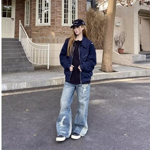 美式高街复古双腰头牛仔裤男女宽松直筒做旧水洗割破设计感阔腿裤图片