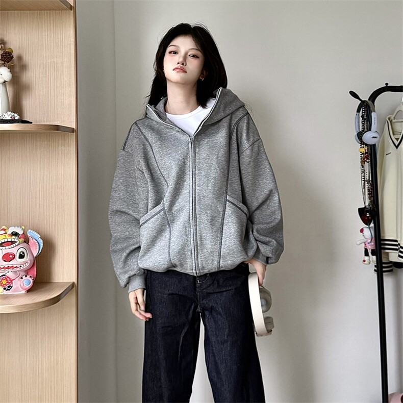 抖音得物高品质秋冬美式高街重磅结构辑明线纹理连帽卫衣外套W111,女装短外套,电商A486-1